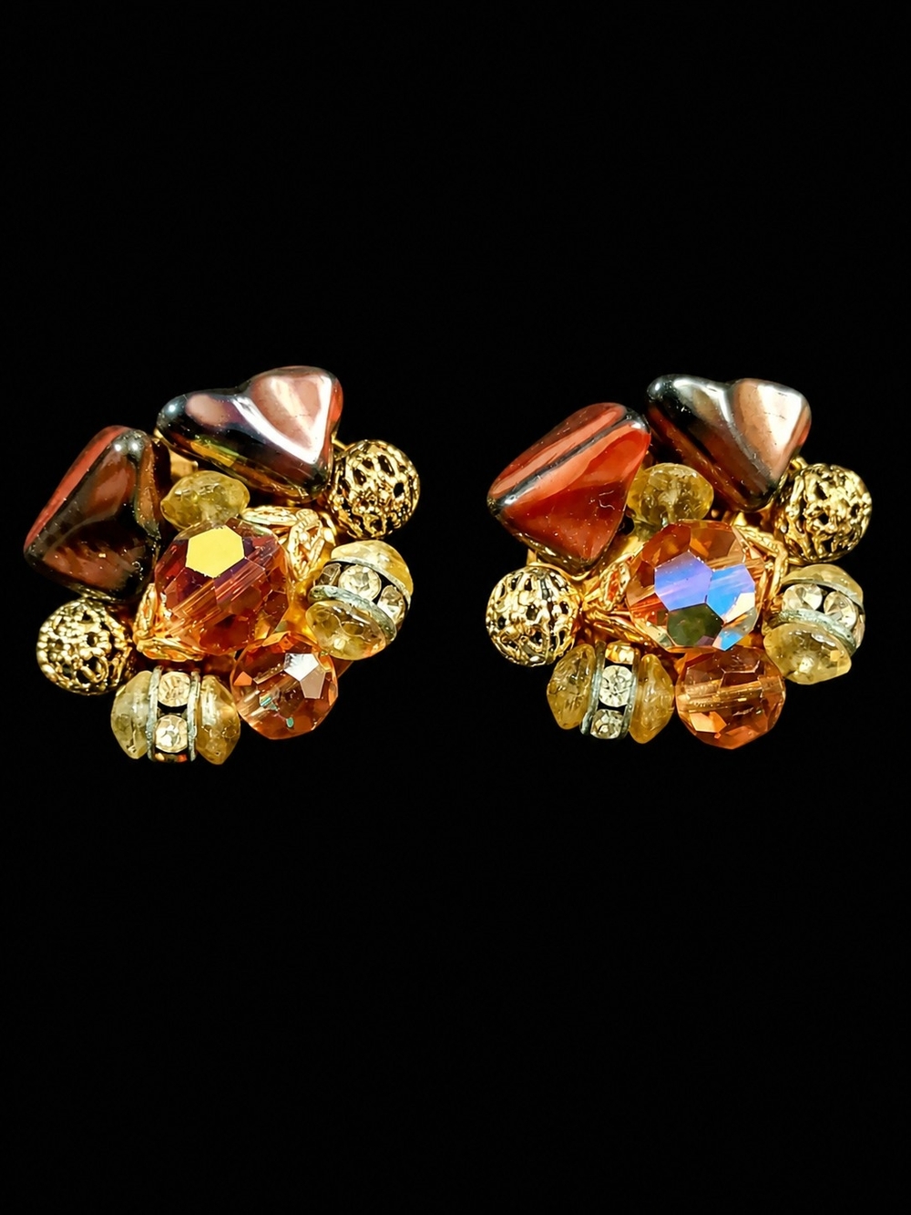 Vintage Mid Century Clip-On Earrings Amber Crystal Beaded Cluster Gold Tone
